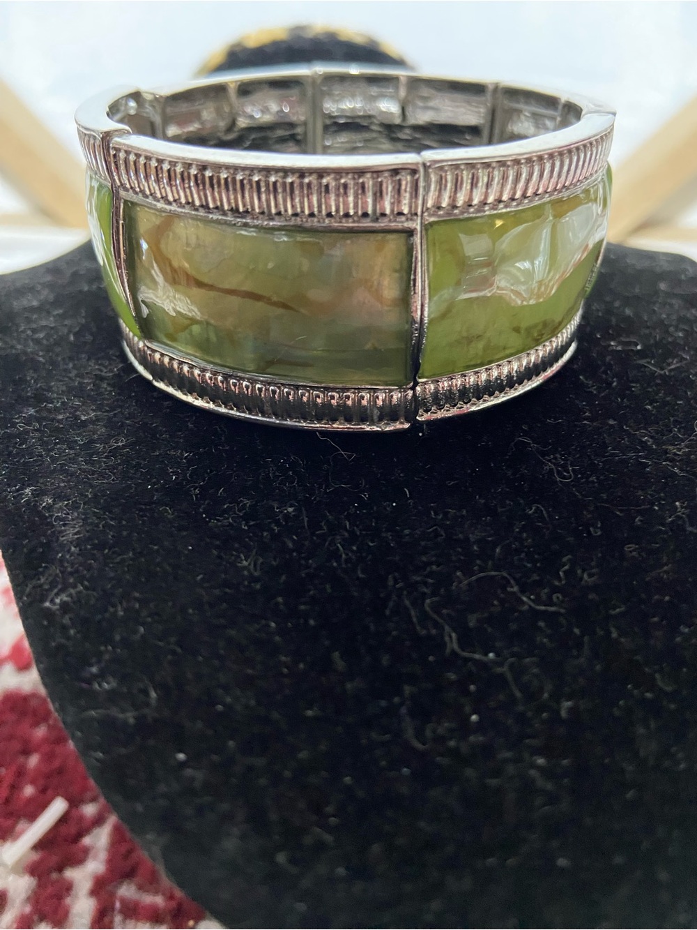 Green and Silver-Tone Panel Stretch Bracelet - Women Jewelry
